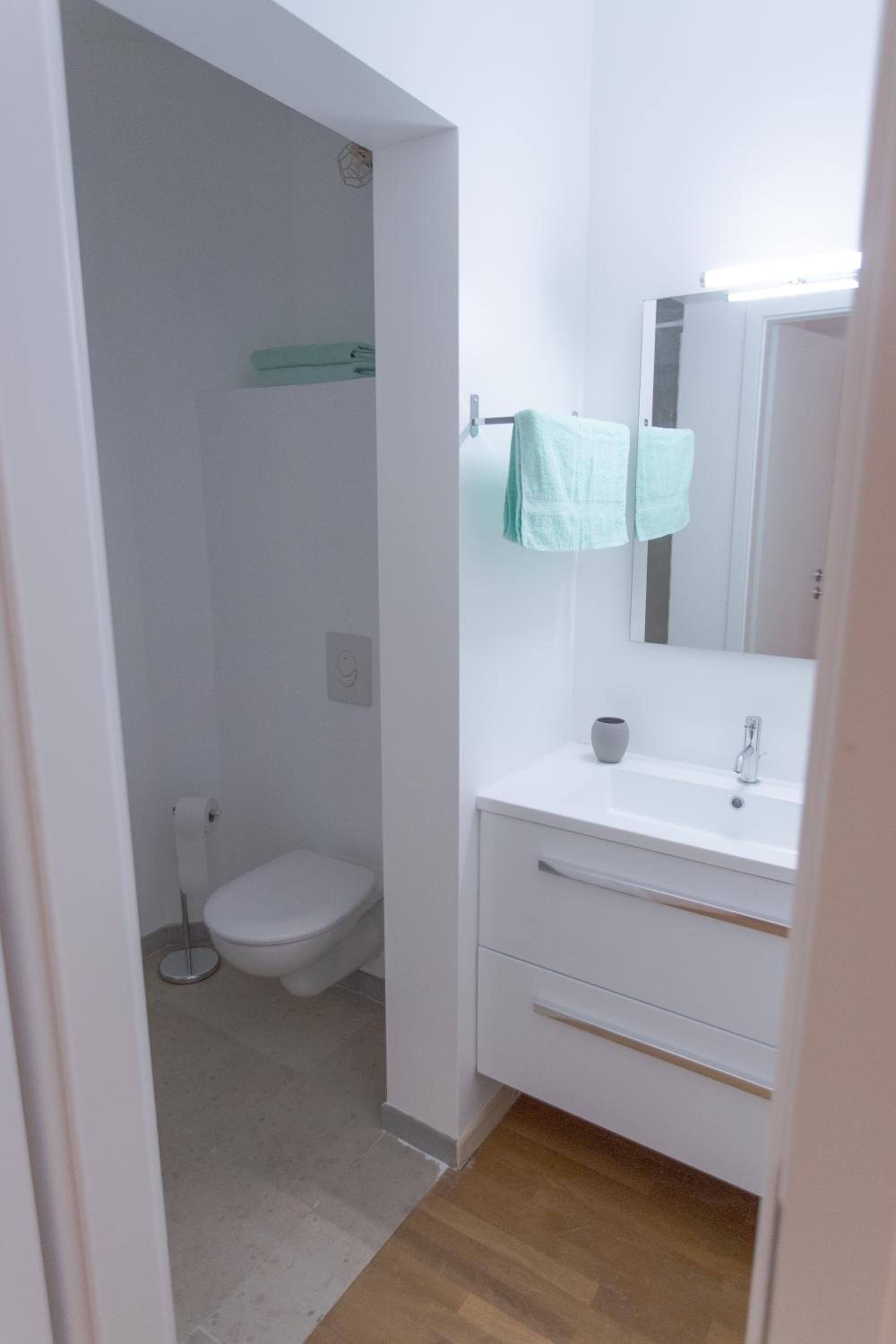 A bathroom with a toilet, sink, and mirror.