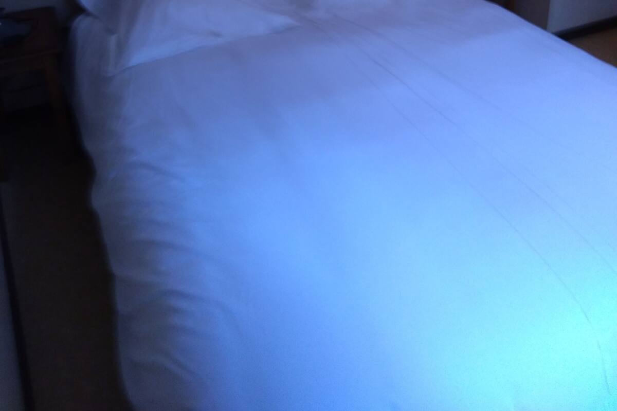 Une chambre d’hôtel standard avec un lit en bois, une table de chevet avec une lampe et un téléphone fixé au mur.