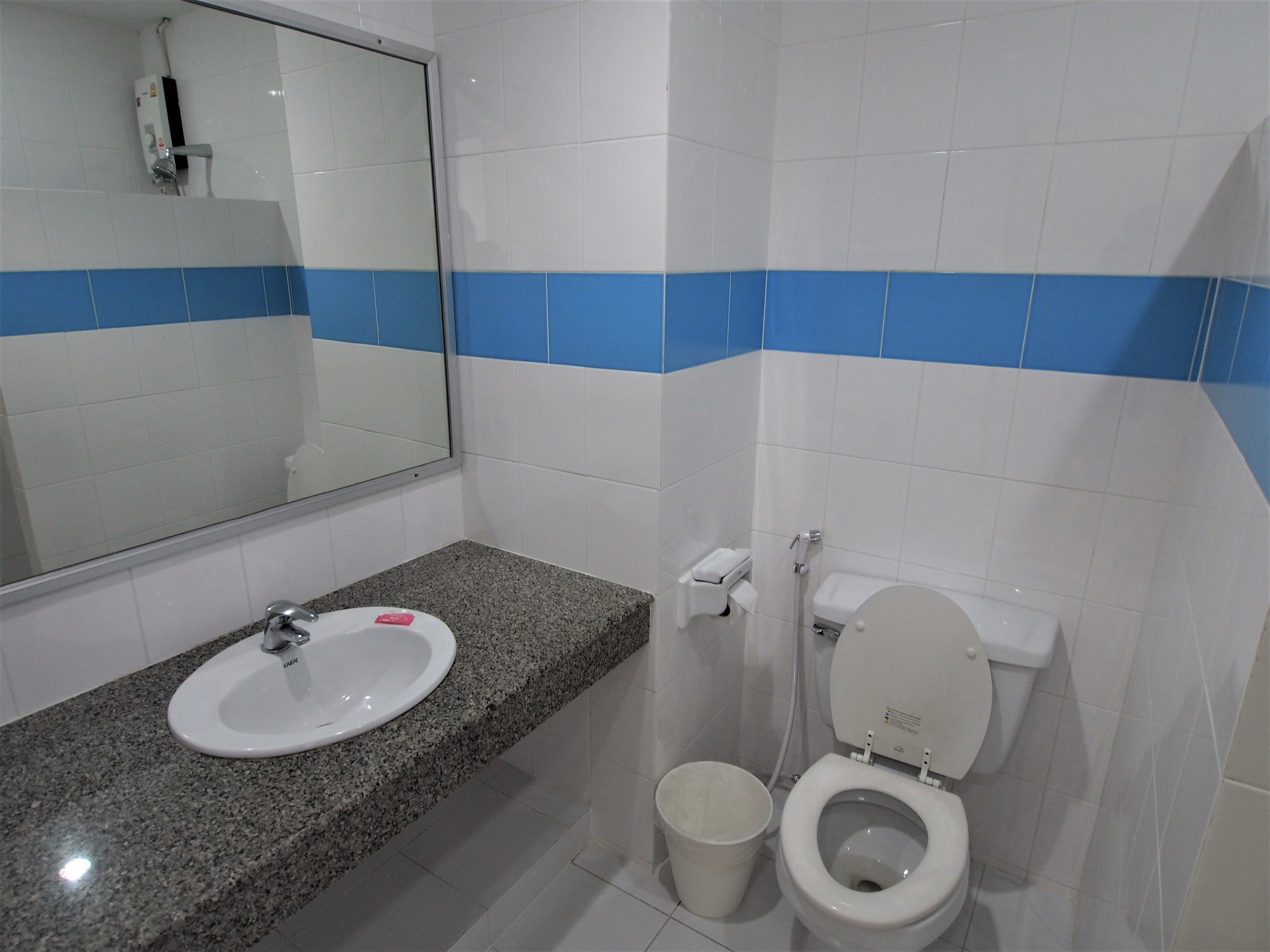 A bathroom with a white sink, a toilet, and a mirror.