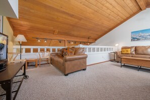 Flat-screen TV, fireplace, DVD player