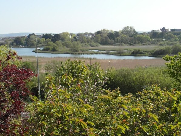 A river with a bridge, surrounded by greenery and buildings in the background. - Lakeside Guest House (Weymouth)