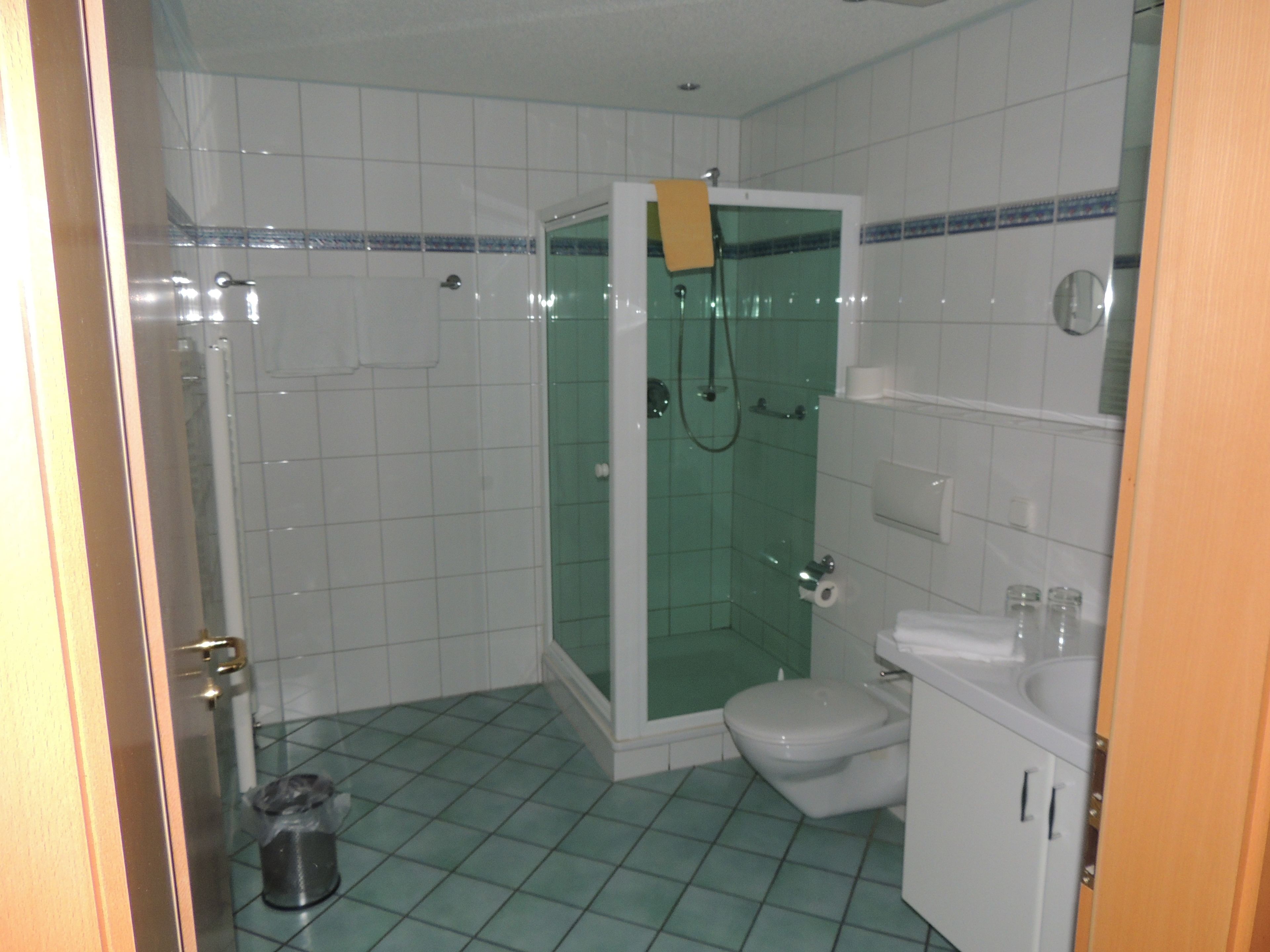 Une salle de bain avec une douche à parois de verre, des toilettes et un lavabo.