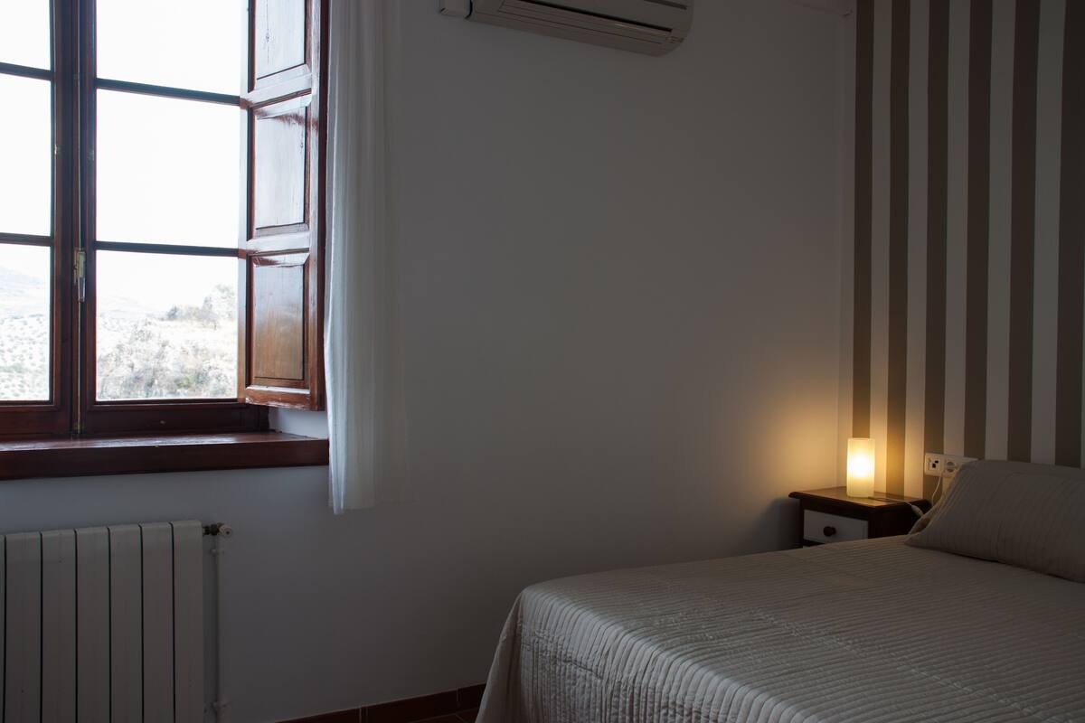Une chambre à coucher avec un lit, une table de chevet avec une lampe, une fenêtre avec des rideaux et un radiateur.