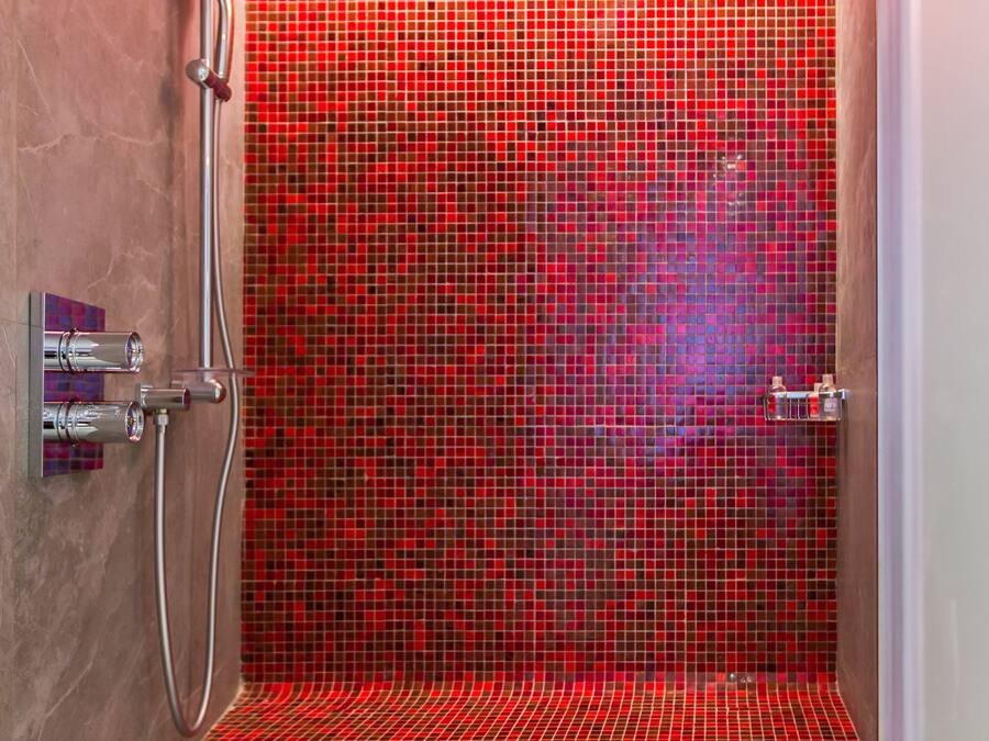 A shower with red mosaic tiles, a glass door, and a chrome showerhead.