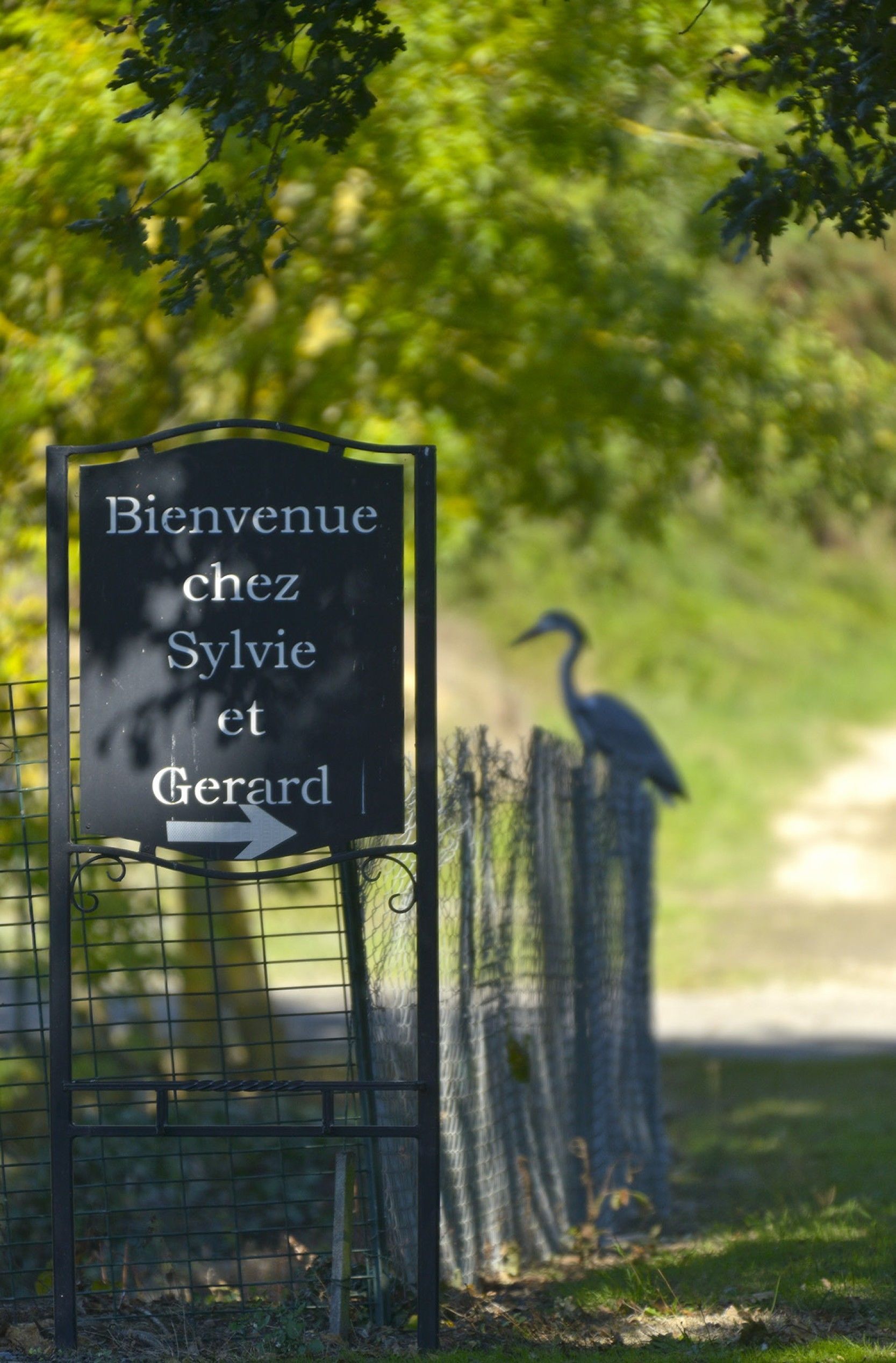 Un panneau d’accueil avec une flèche indiquant la direction.