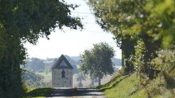 Un chemin de campagne mène à un bâtiment en pierre surmonté d’un toit de chaume, le tout étant entouré de verdure.