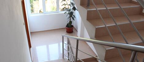 Una escalera con barandillas metálicas y una planta en maceta al pie.