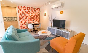 TV, DVD player, books, video library