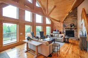 Télévision, cheminée, lecteur de DVD, espaces bureaux