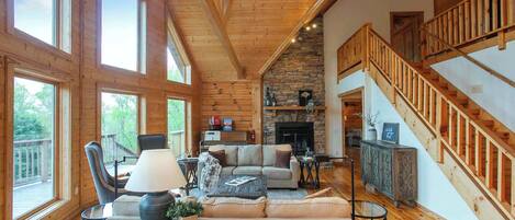 Télévision, cheminée, lecteur de DVD, espaces bureaux