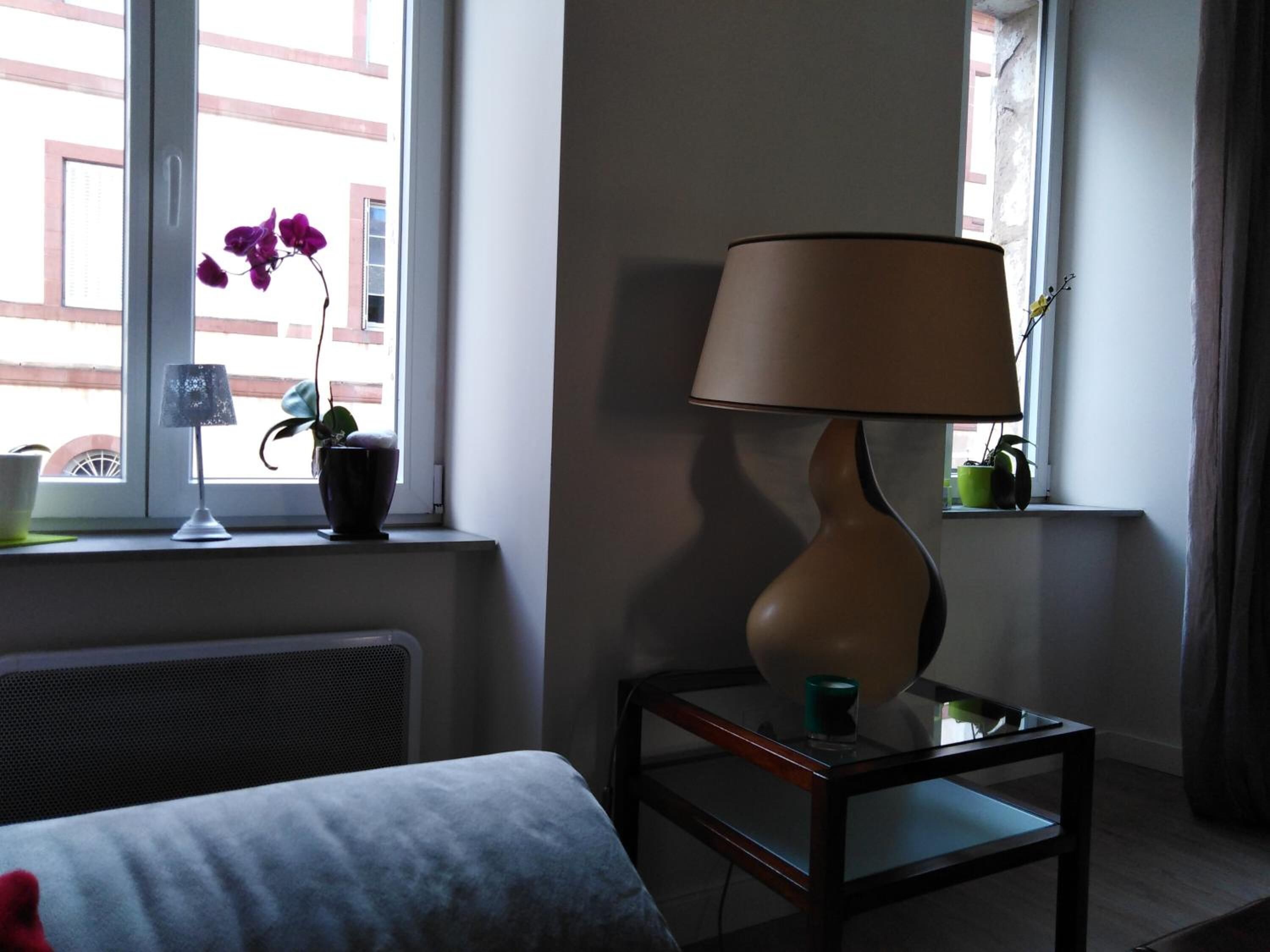Een hotelkamer met een bed, een tafel met lamp en een raam met uitzicht op gebouwen en een plant.