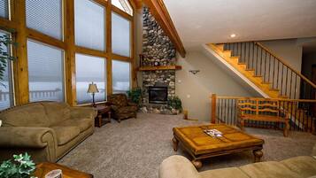 Télévision, cheminée, lecteur de DVD