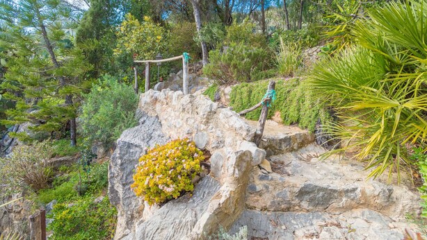 A rocky garden with a wooden structure and a variety of plants. - CA NA CARME (CA NA CARME ALARONERA) - Chalet for 4 people in Alaro. Free WiFi (Alaró)