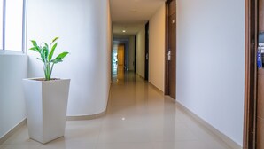 A clean, modern hallway with a potted plant, a wooden door, and a tiled floor. - Hotel San Gabriel (Barrancabermeja)