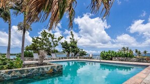 A clear blue pool surrounded by palm trees and lounge chairs, with a view of the ocean and a clear sky.