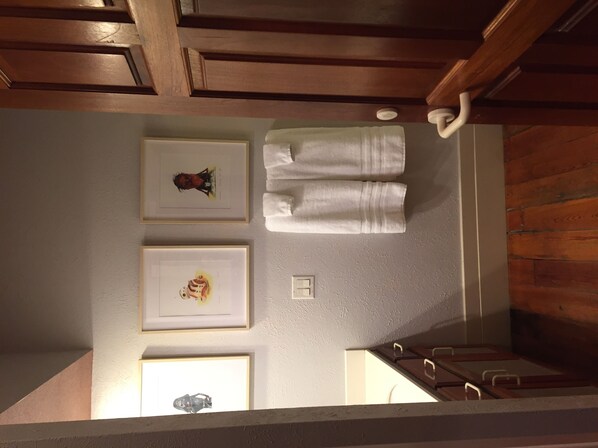 Een badkamer met een houten plafond, een handdoekhouder en ingelijste foto’s aan de muur.