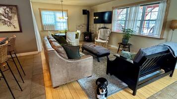 TV, fireplace, DVD player, books