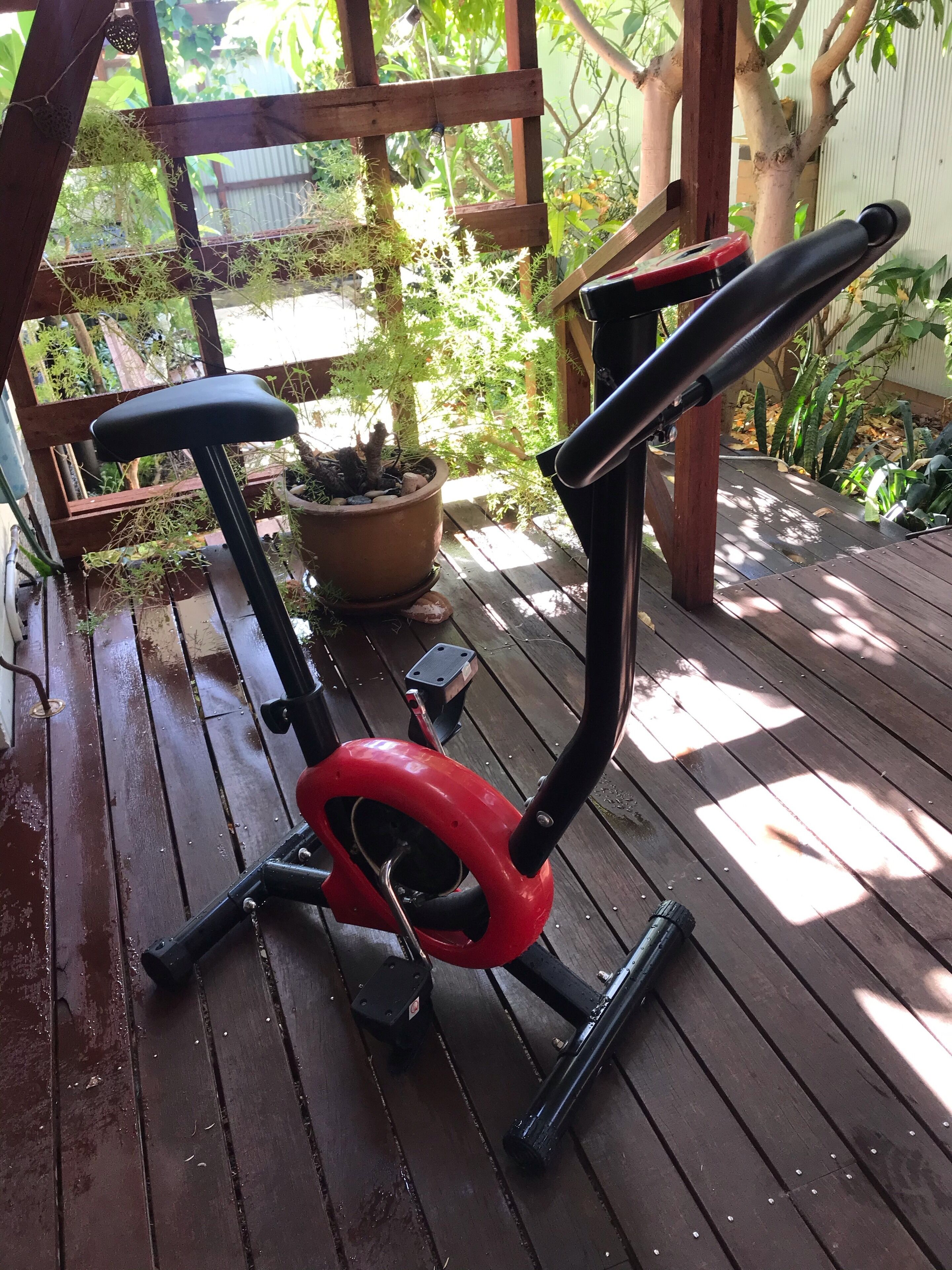 Equipamento de exercícios ao ar livre sobre um deck de madeira, com um vaso de planta próximo.