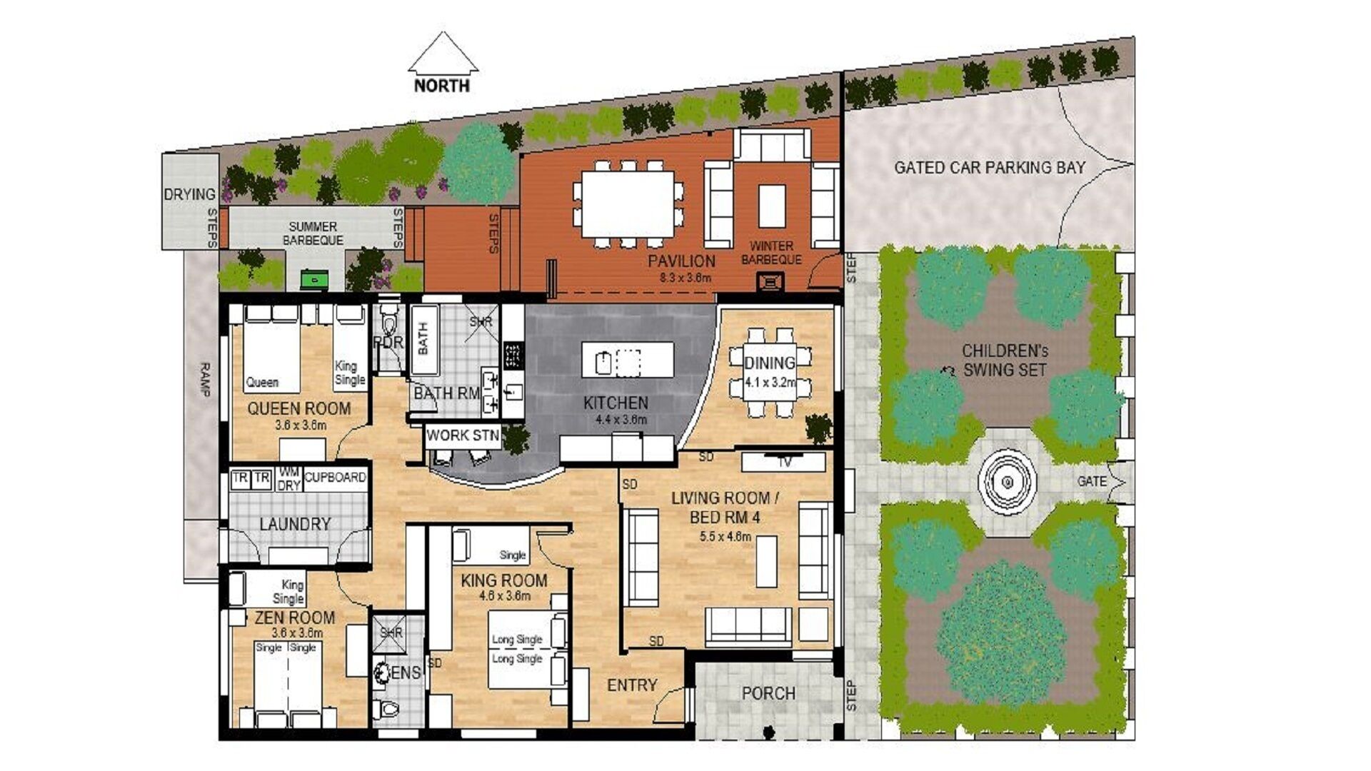 Plano de planta de una casa que incluye comedor, cocina, sala de estar, dormitorios y un columpio para niños.