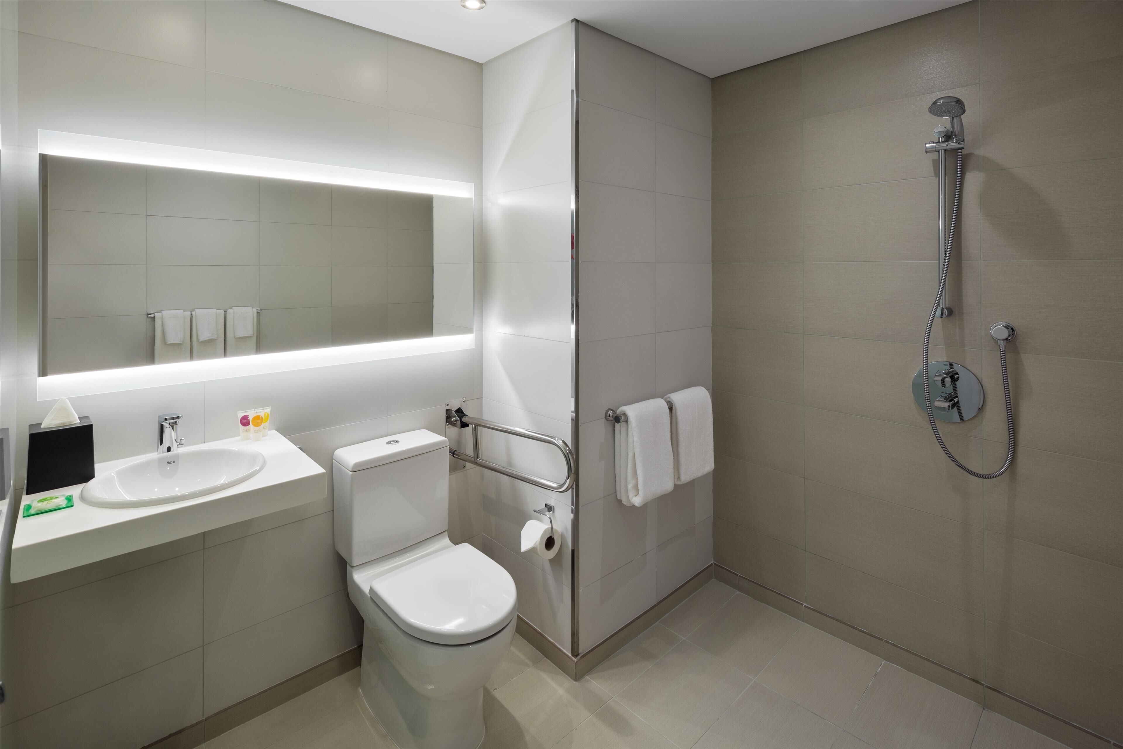 hydromassage showerhead, hair dryer, bathrobes, slippers