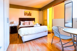 1 bedroom, hypo-allergenic bedding, down duvets, blackout curtains