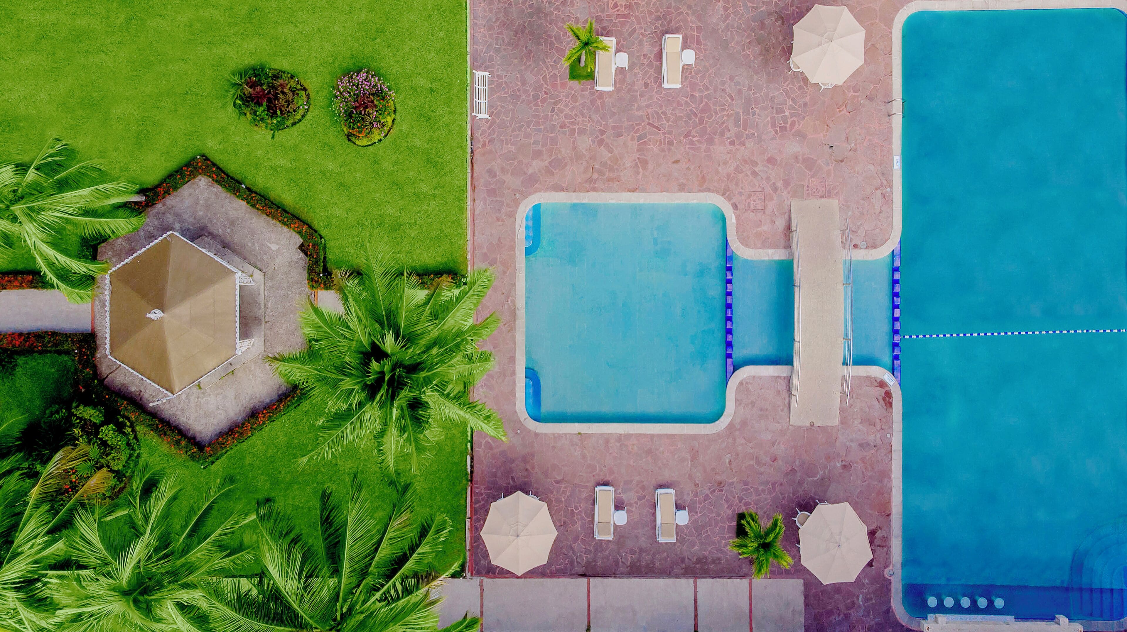 outdoor pool, pool loungers