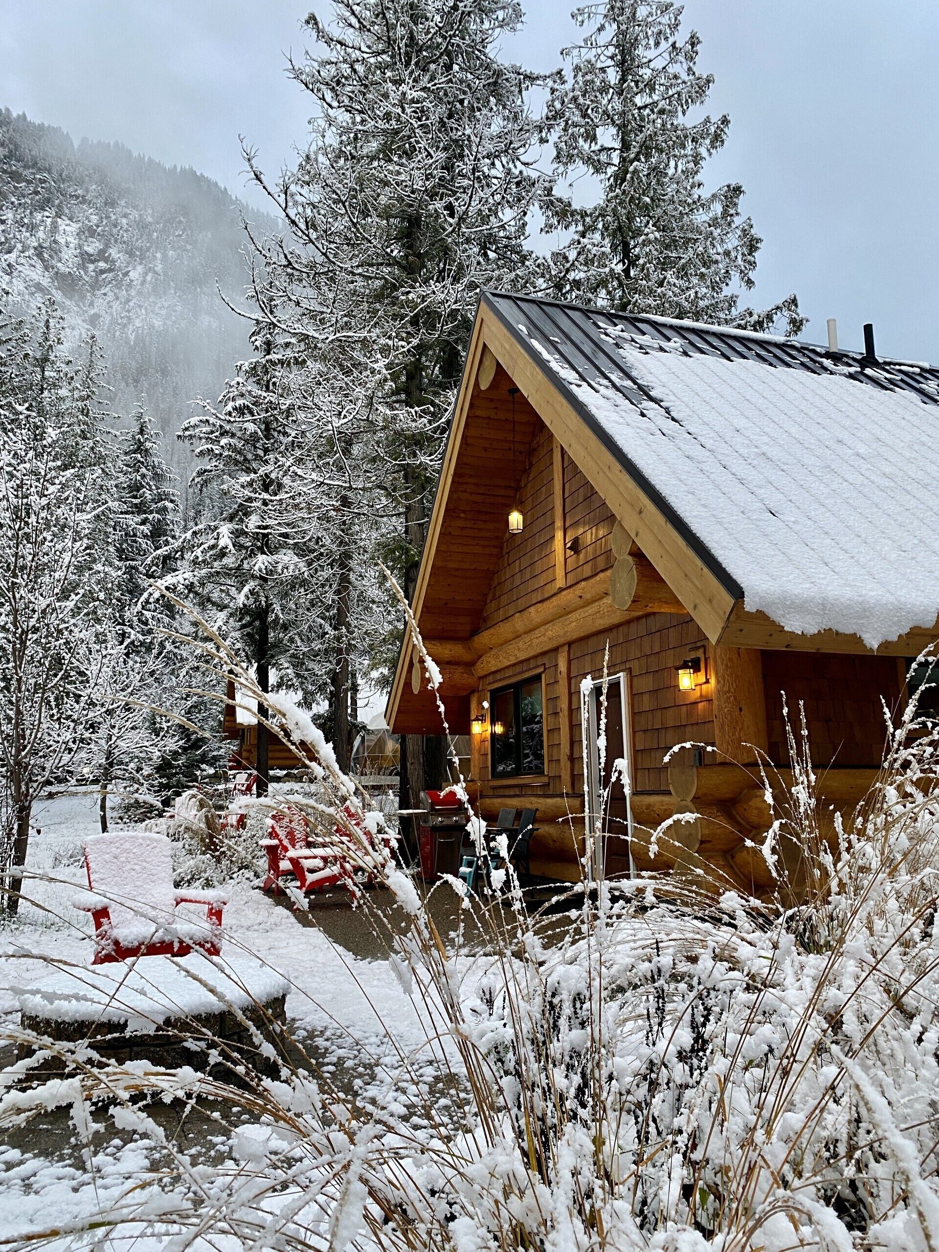 A log cabin with a sloped roof, surrounded by snow-covered trees and a snowy landscape.