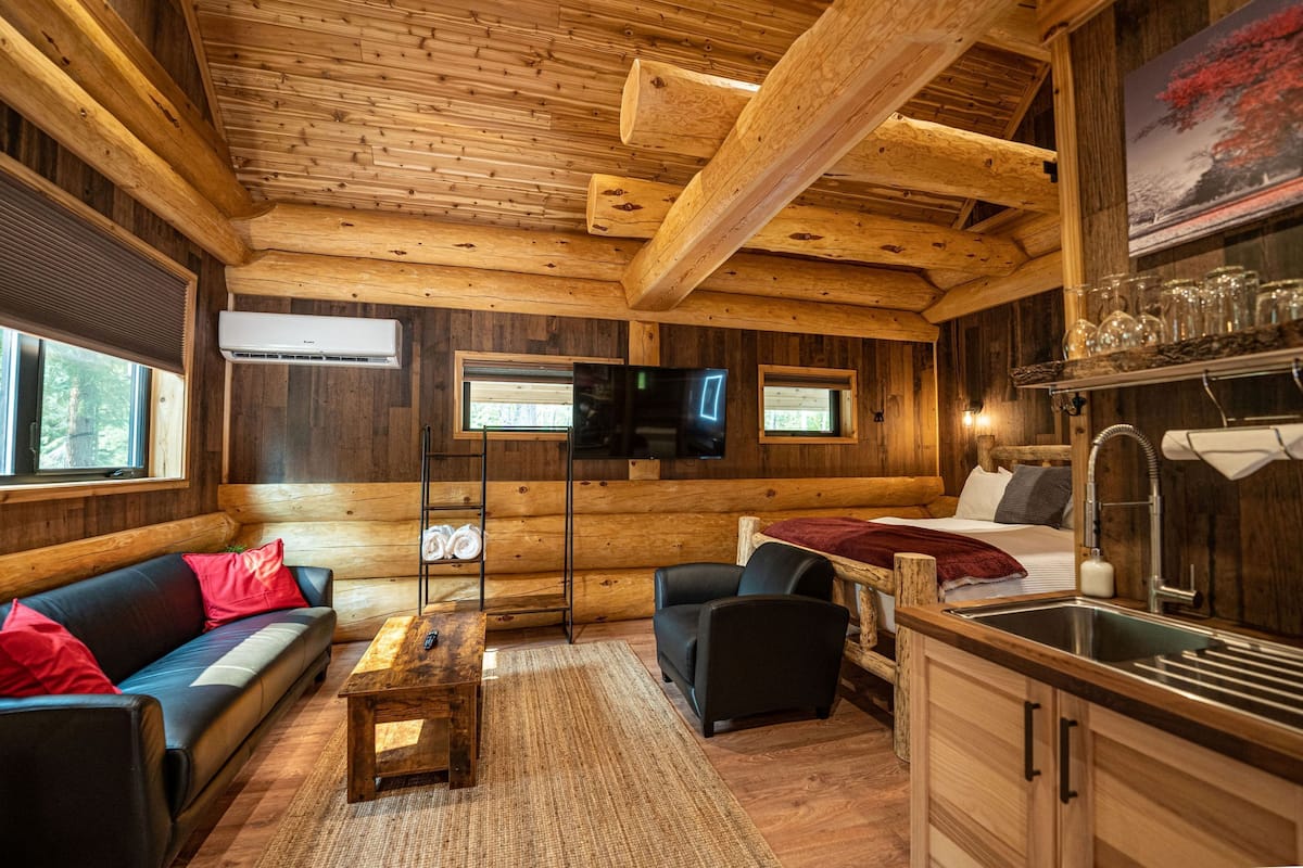 A log cabin interior with a sofa, armchair, TV, and kitchen area.