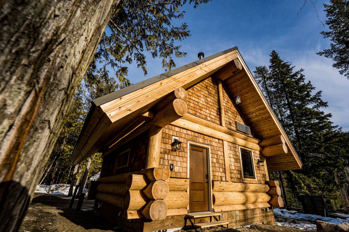 A log cabin with a wooden exterior, a pitched roof, and a door with a window.