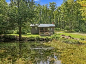 A house with a porch, surrounded by a pond and forest.