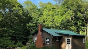 Una pequeña casa de un piso con techo verde y chimenea de ladrillo, rodeada de exuberante vegetación y árboles.