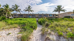 A beachfront hotel with a sandy path leading to the entrance, surrounded by lush greenery and palm trees. - Oceanfront Oasis – Longboat Key 226 by RVA (Longboat Key)