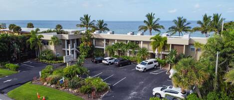 A hotel with a parking lot, palm trees, and a view of the ocean.
