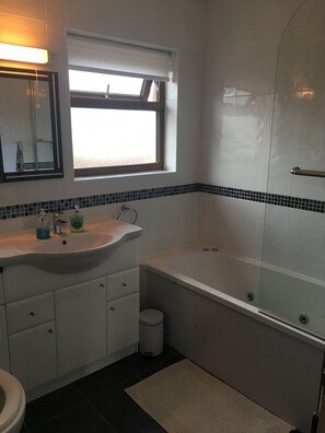 Combined shower/bathtub, jetted bath, hair dryer, towels