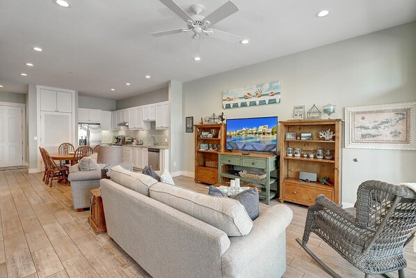 Smart TV, DVD player, books, video library