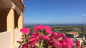 A balcony with pink flowers, a view of the sea, and a distant landscape. - Charming apartment on the mountainside near the sea (Villaputzu)