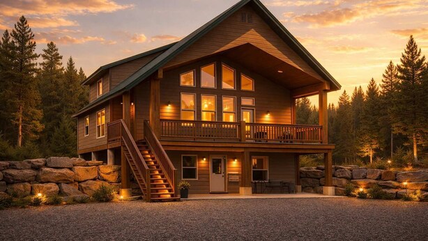 A two-story log cabin with a balcony, a staircase, and a stone wall.