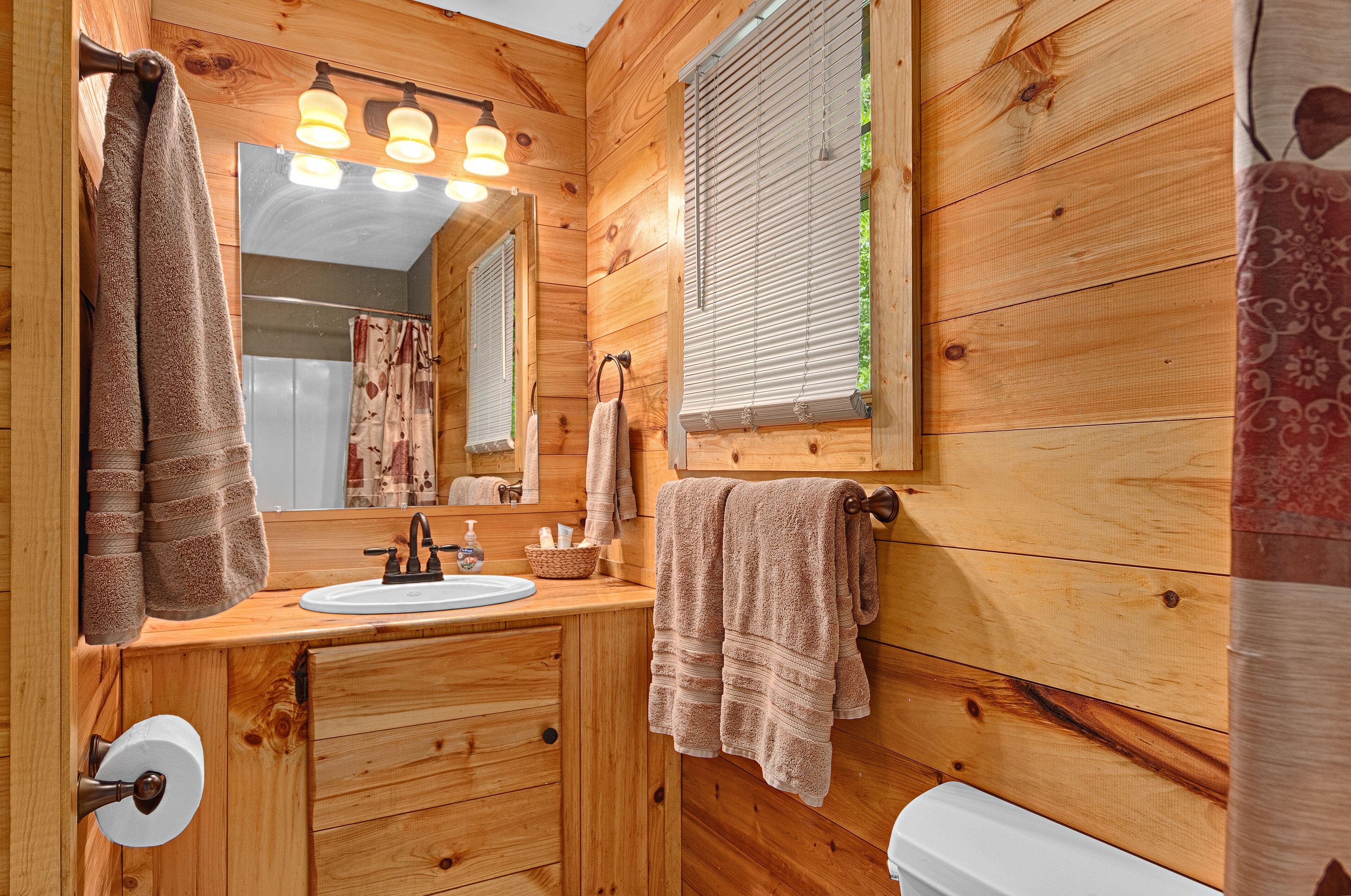 Combined shower/tub, hair dryer, towels, soap
