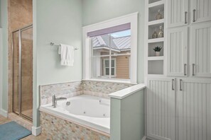 Combined shower/tub, hair dryer, towels - Spacious, 3-Story Home on Stocked Lake in Cinnamon Shore + More Amenities (Port Aransas)