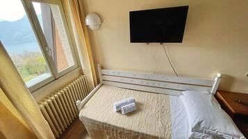Une chambre d’hôtel avec un lit, un téléviseur fixé au mur, une fenêtre donnant sur un paysage agréable et un radiateur.