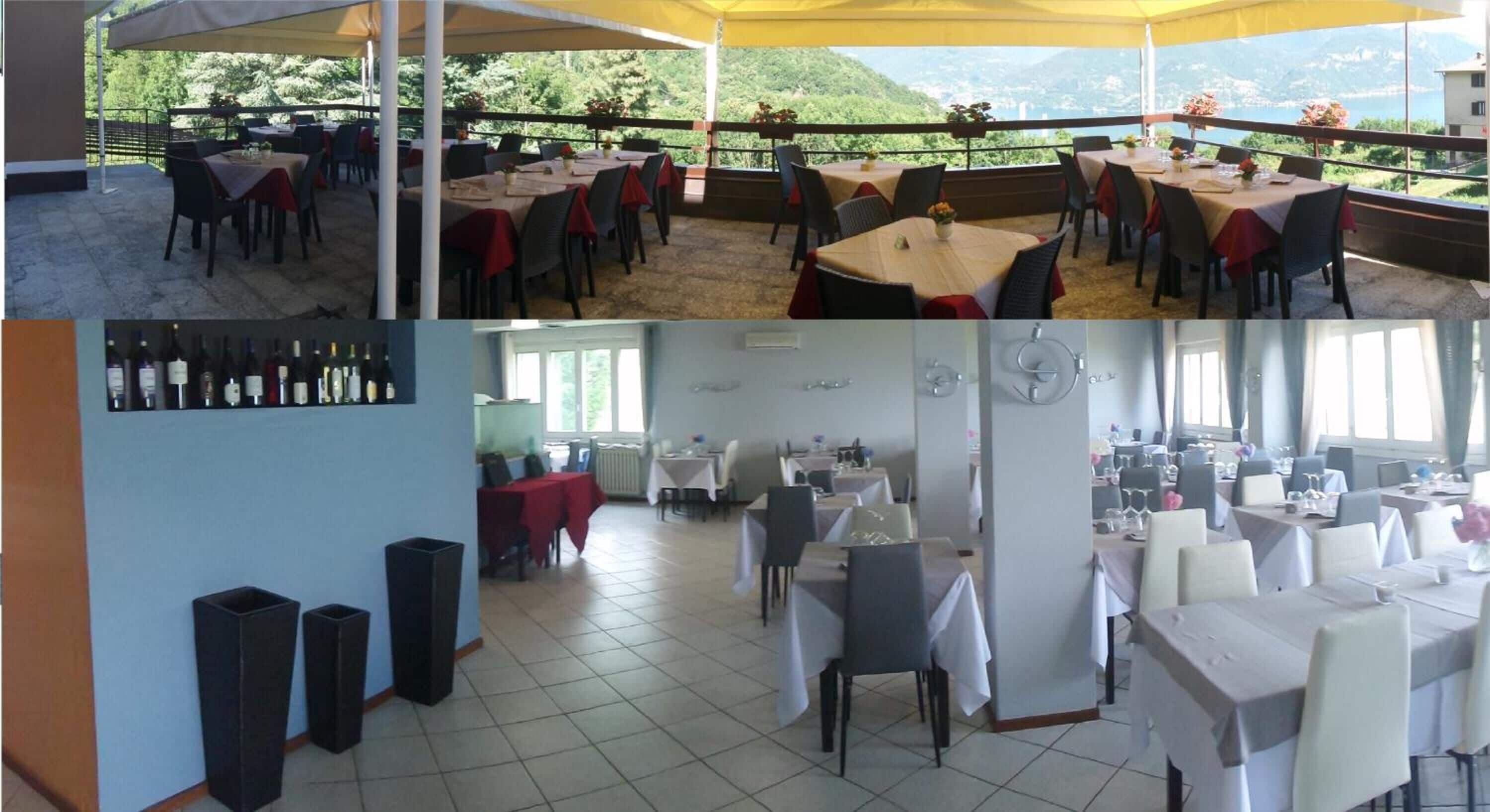 Comedor con mesas y sillas bajo una cubierta, una bodega con botellas y vistas a zonas verdes y montañas.