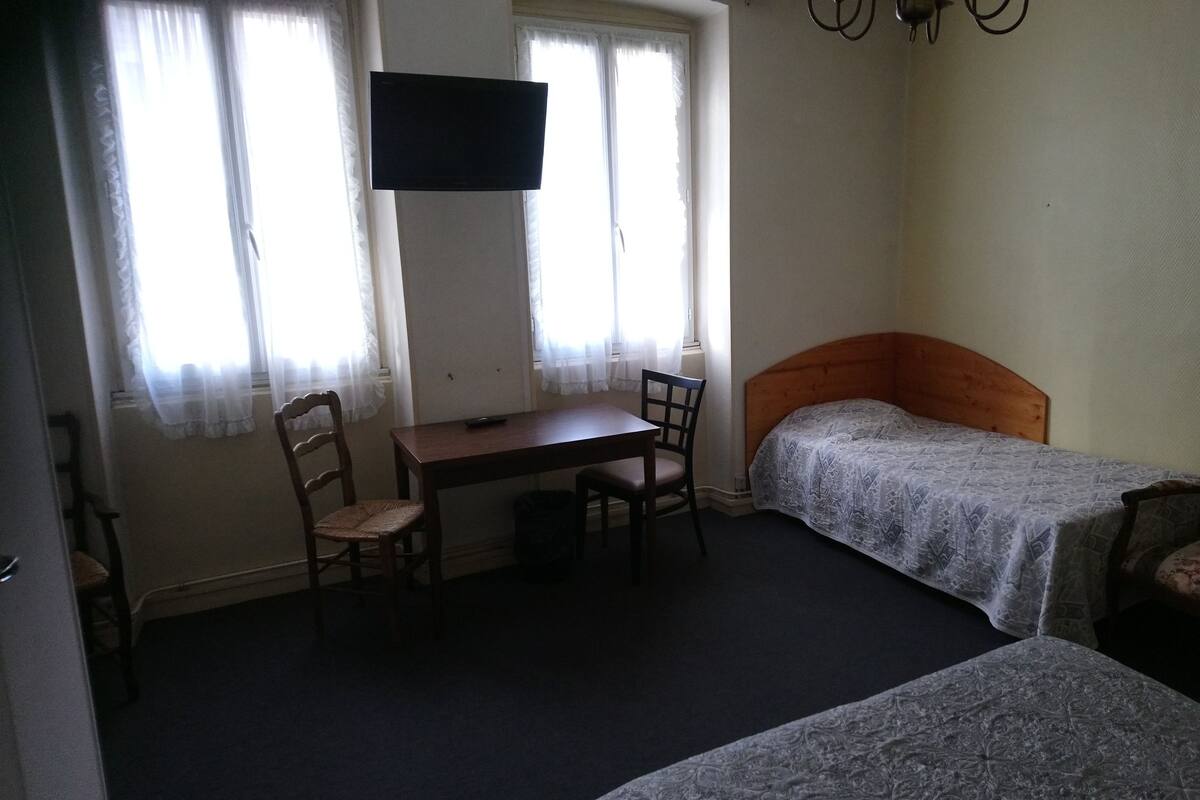 Une chambre avec deux lits simples, un bureau en bois, une chaise, un téléviseur et un fauteuil recouvert d’un tissu à motifs floraux.