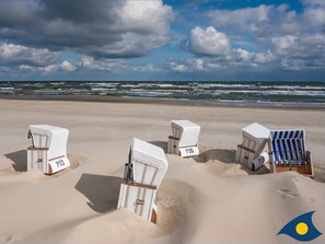Beach chairs labeled P776 and P339 on a sandy beach with the ocean in the background.