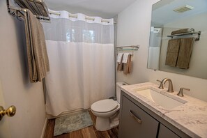 Combined shower/tub, hair dryer, towels