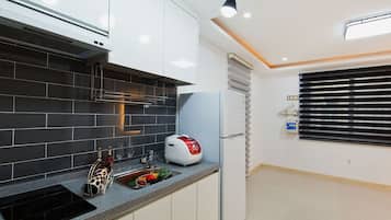 Fridge, microwave, stovetop, electric kettle