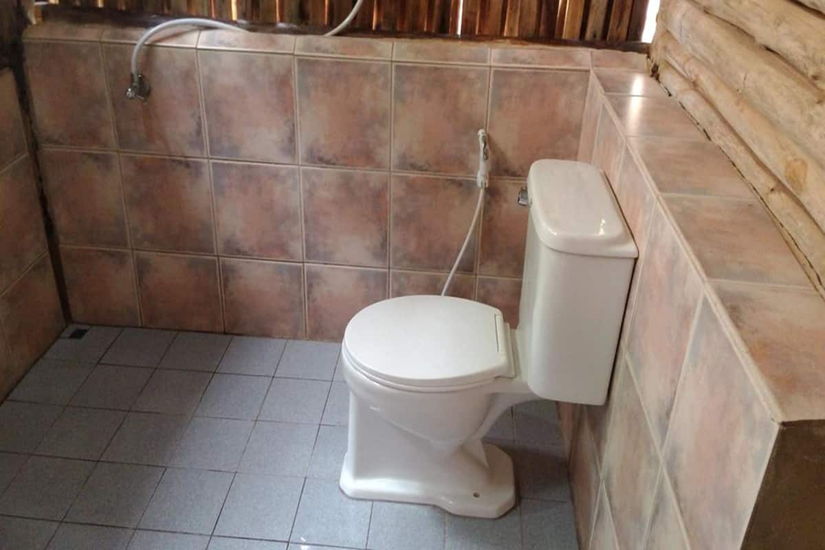 Ein Badezimmer mit Toilette, gefliesten Wänden und einer Duschkabine.