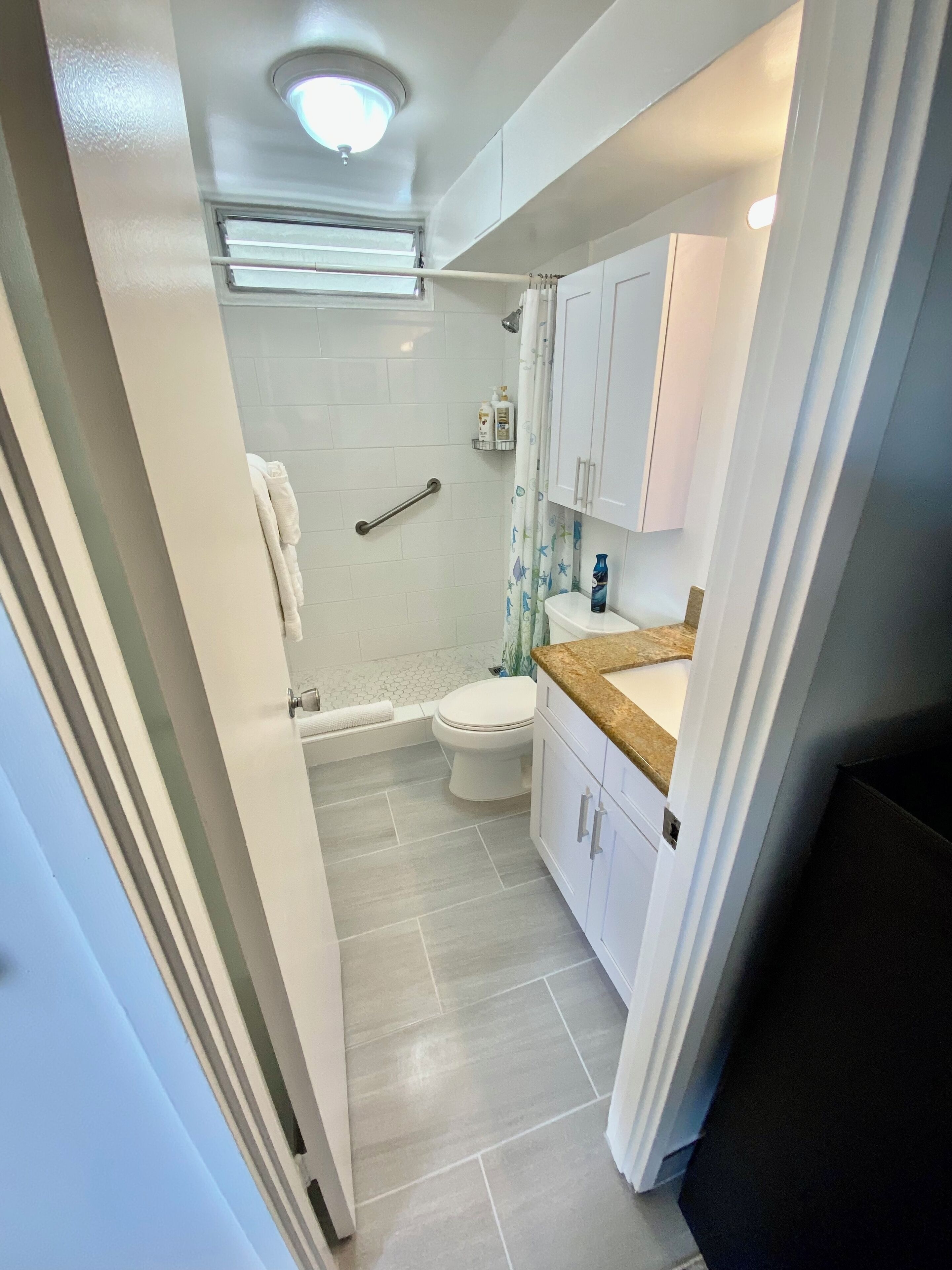 Un baño pequeño con ducha, inodoro y lavabo.