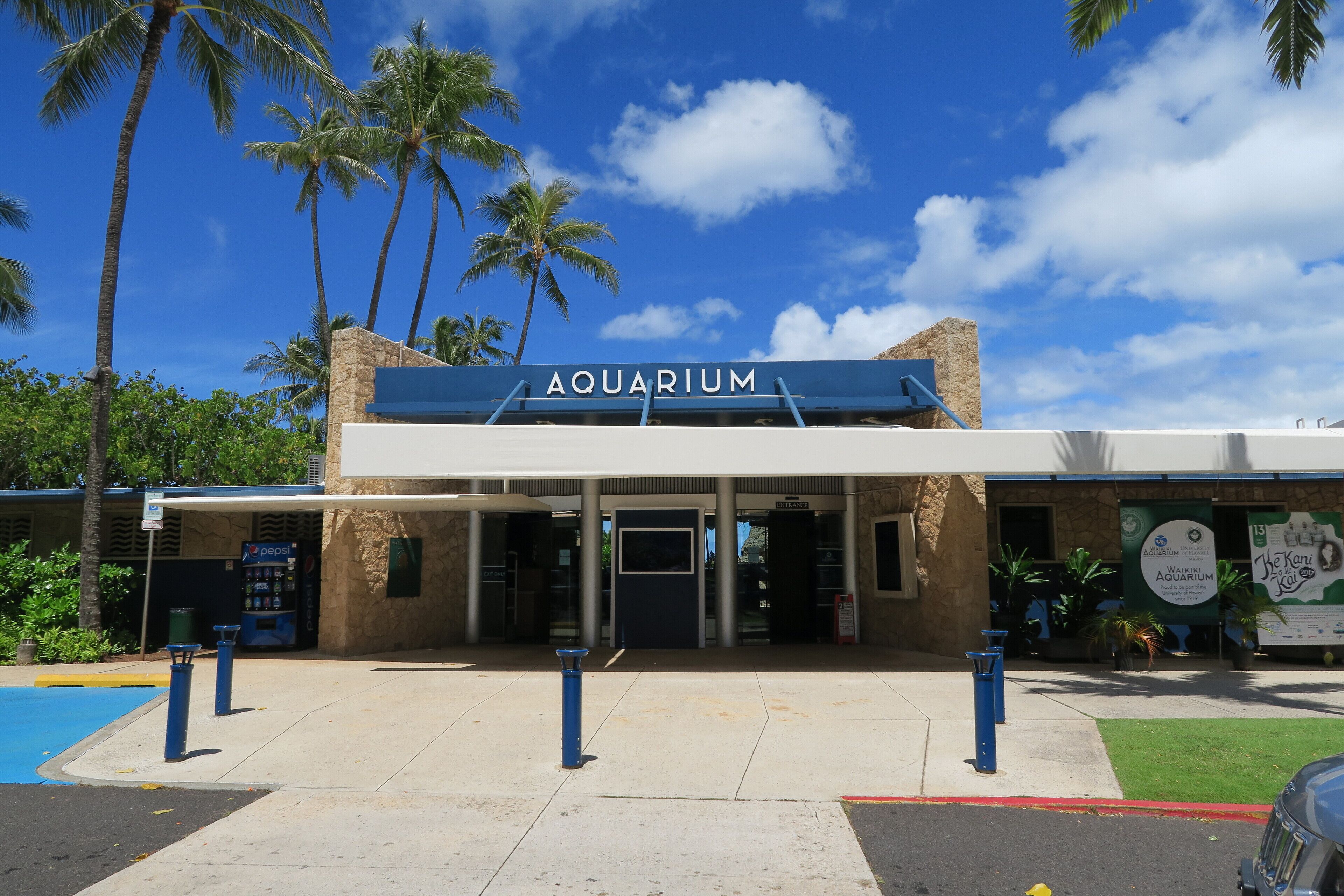 Ingang van een aquarium met een heldere lucht, palmbomen en een automaat van Pepsi.