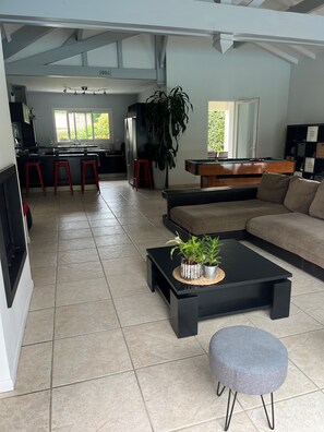 Smart TV, fireplace, video games, DVD player