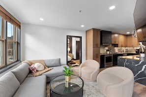 Flat-screen TV, fireplace